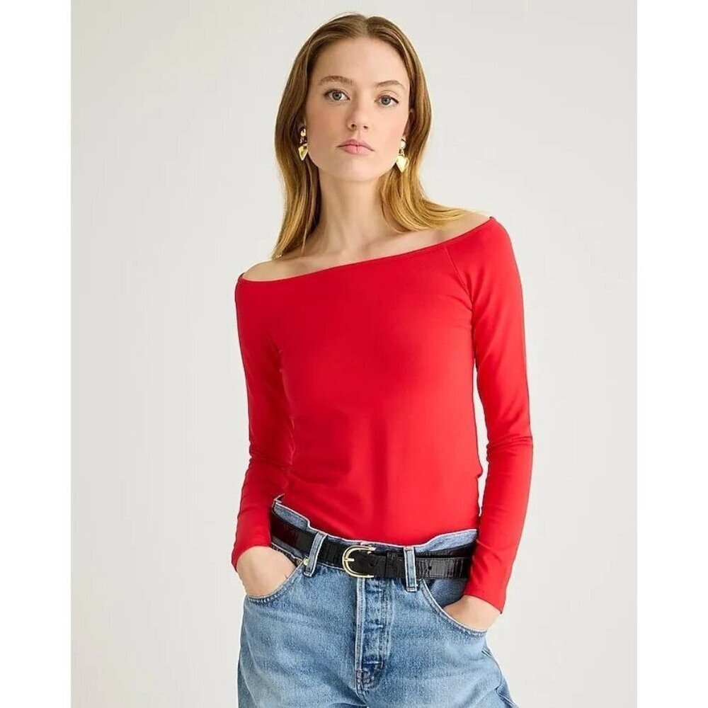 J.CREW Red Stretch Cotton Jersey Off Shoulder Long Sleeve T-Shirt, Size M